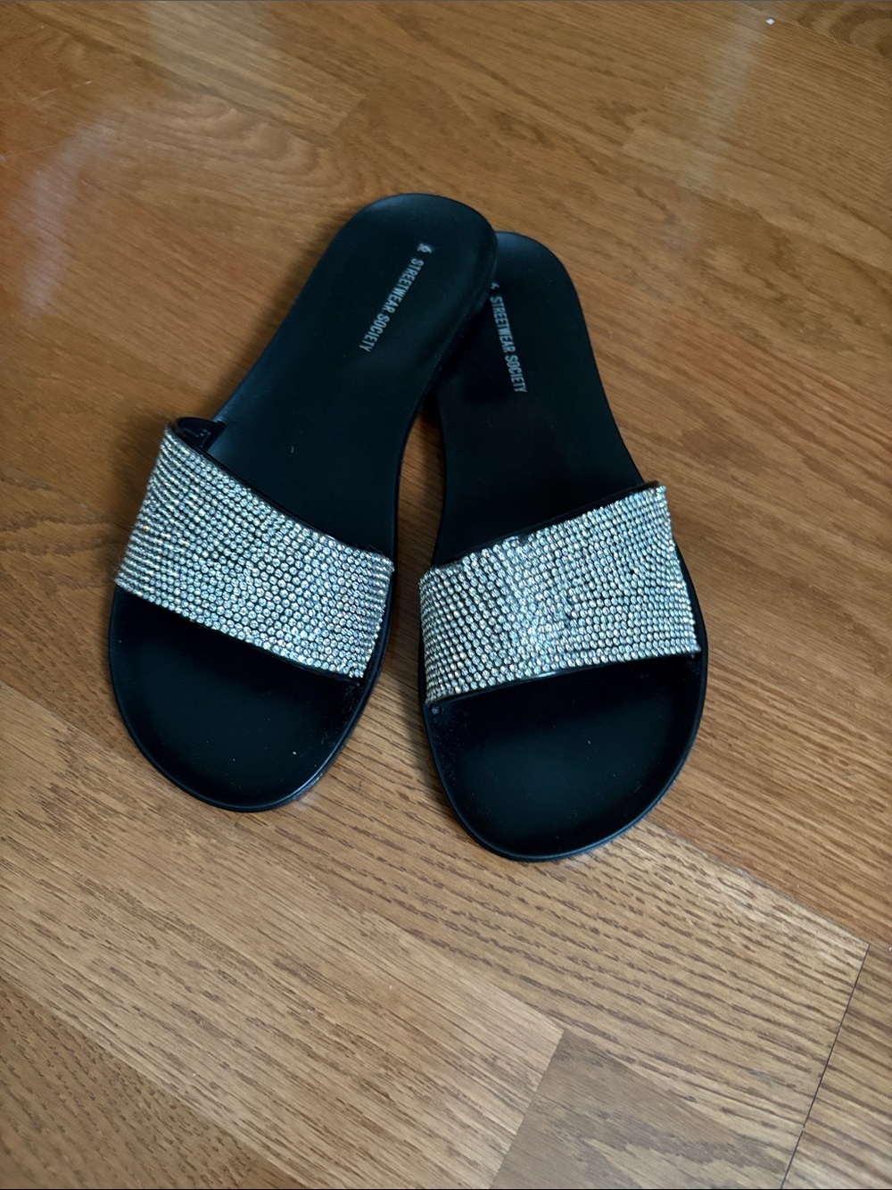 Streetwear Society Black Slide Sandals with Crystal Embellished Strap